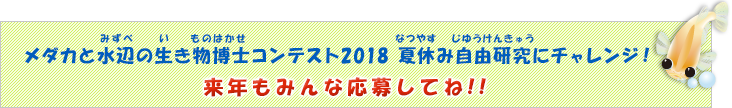 「Hikari メダカと水辺の生き物博士コンテスト2018 夏休み自由研究にチャレンジ！」来年もみんな応募してね！